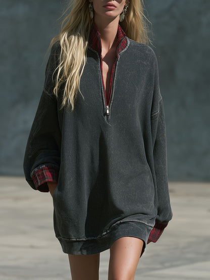 Fashionable Retro Half-zip Plaid Patchwork Faded Dark Gray Cotton Mini Dress