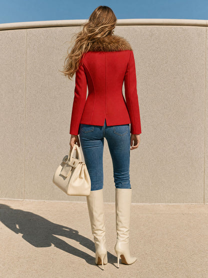 Stylish Retro Faux Fur Collar Red Double-breasted Wool Short Coat
