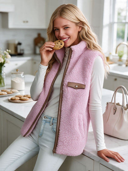 Casual Retro Pink Fleece Zipper Vest