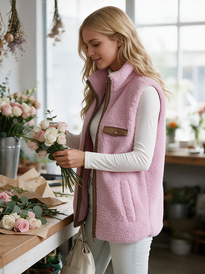 Casual Retro Pink Fleece Zipper Vest