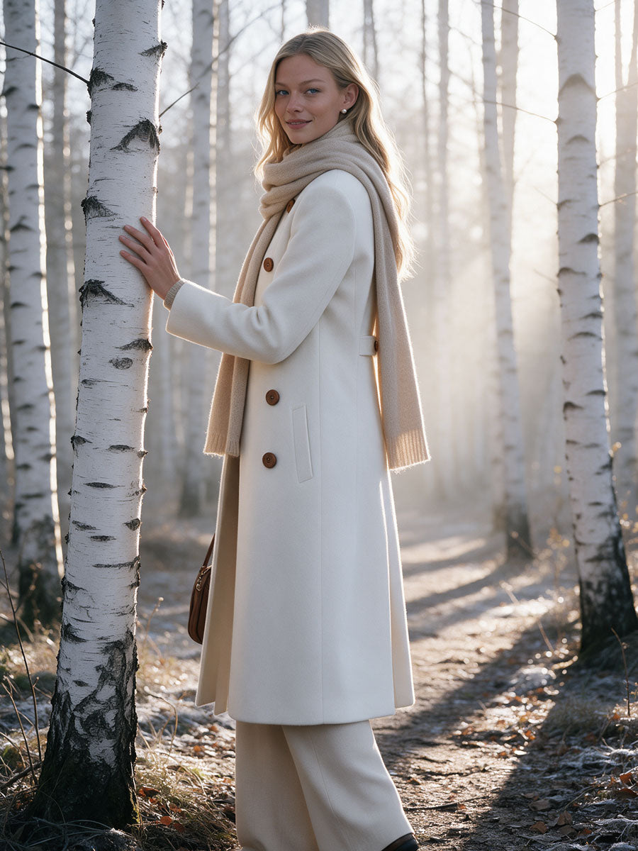 Retro Elegant White Turtleneck Double-breasted Coat