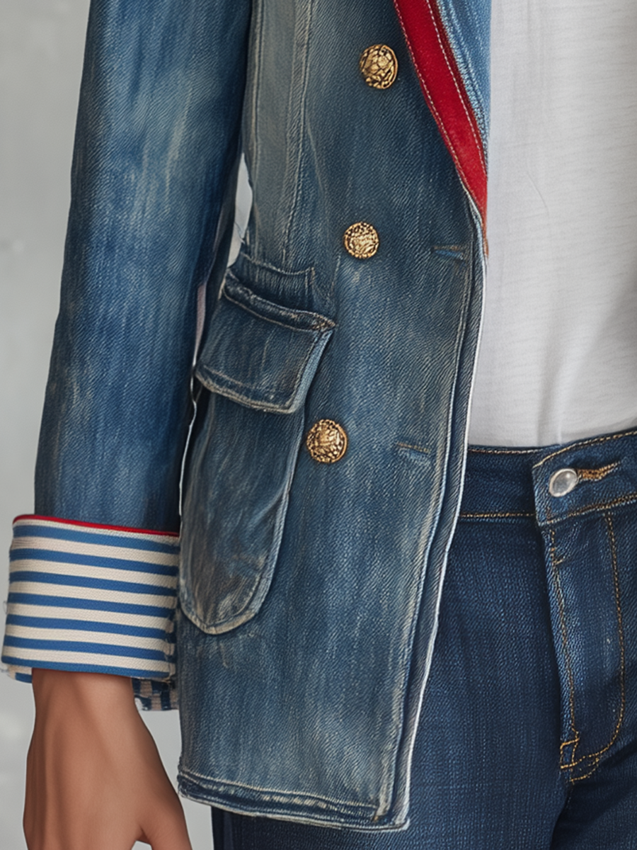 Women’s Double Breasted Denim Blazer With Red Lapel Trim