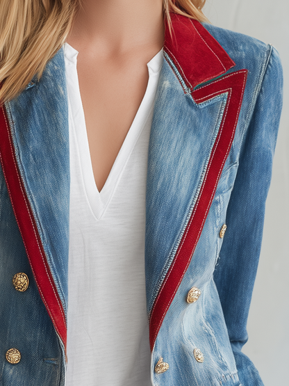 Women’s Double Breasted Denim Blazer With Red Lapel Trim
