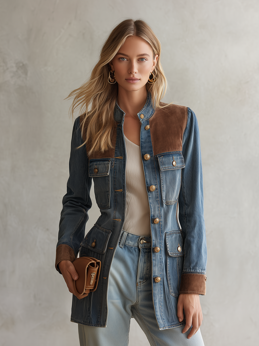 Women’s Denim Utility Jacket With Suede Trim