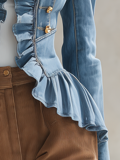 Romantic Ruffle Denim Military Jacket With Peplum Hem For Women
