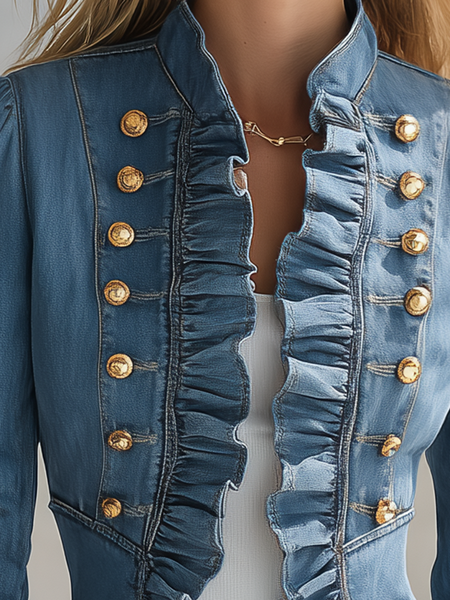 Romantic Ruffle Denim Military Jacket With Peplum Hem For Women