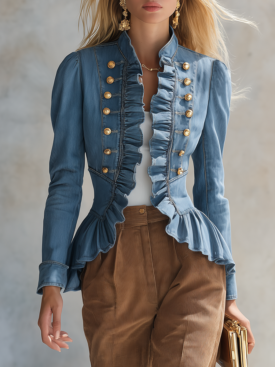 Romantic Ruffle Denim Military Jacket With Peplum Hem For Women