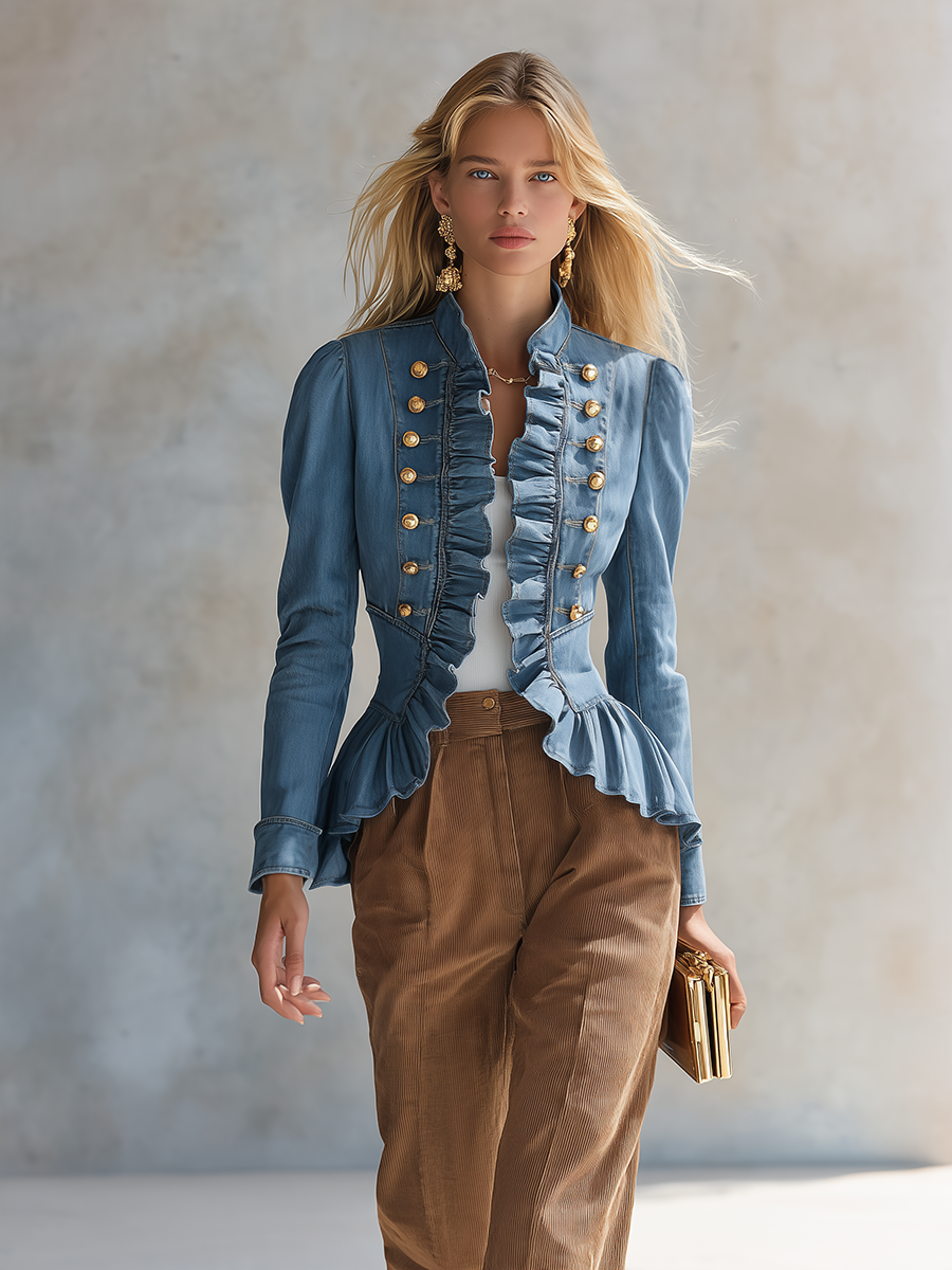 Romantic Ruffle Denim Military Jacket With Peplum Hem For Women
