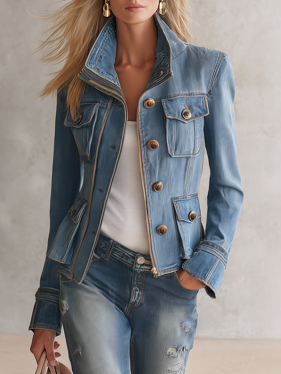 Hunting Denim Jacket With Gold Zipper Placket