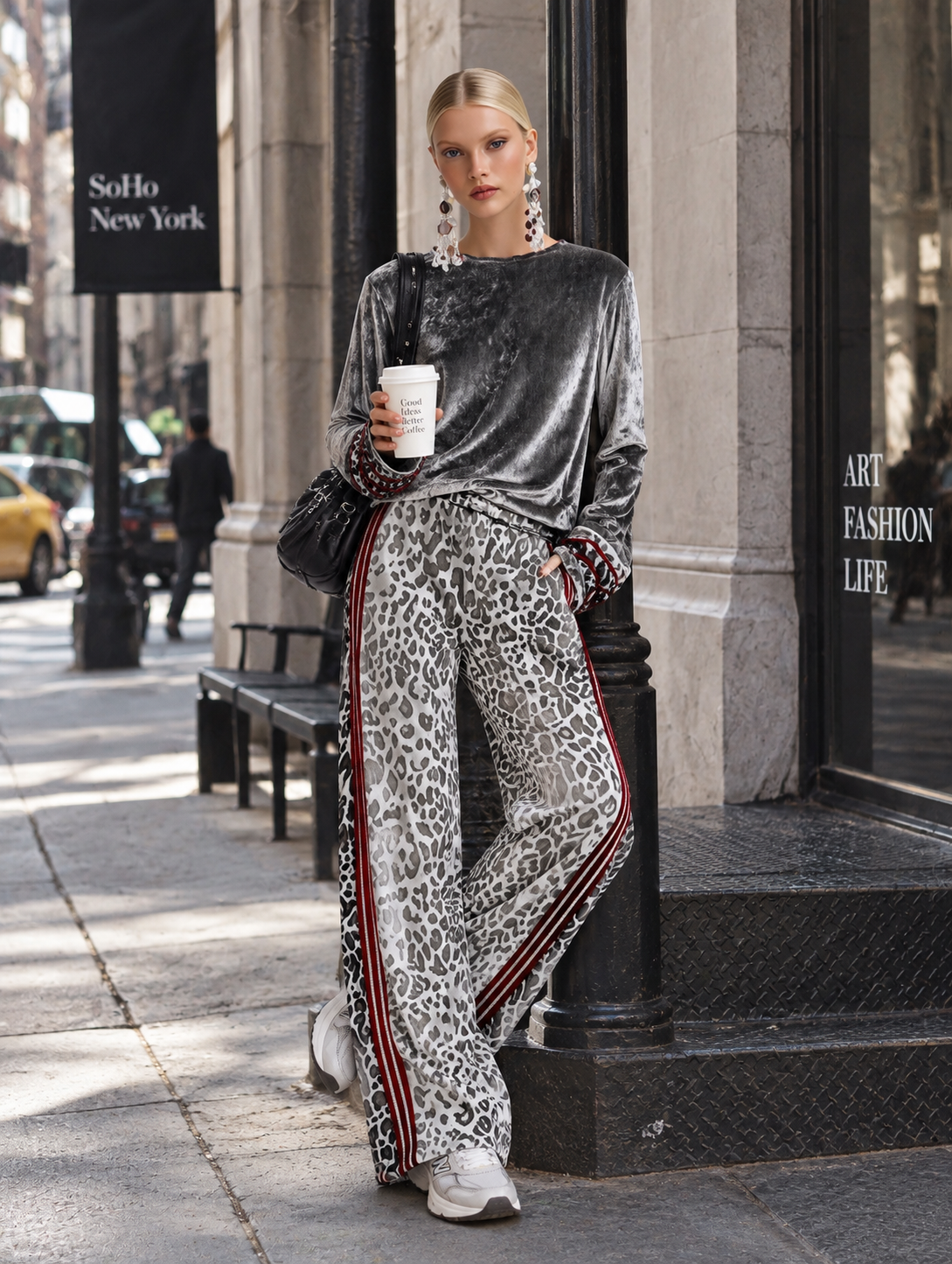 Chic Casual Striped Trim Grey T-shirt And Leopard-print Wide-leg Trousers Velvet Set