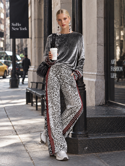 Chic Casual Striped Trim Grey T-shirt And Leopard-print Wide-leg Trousers Velvet Set