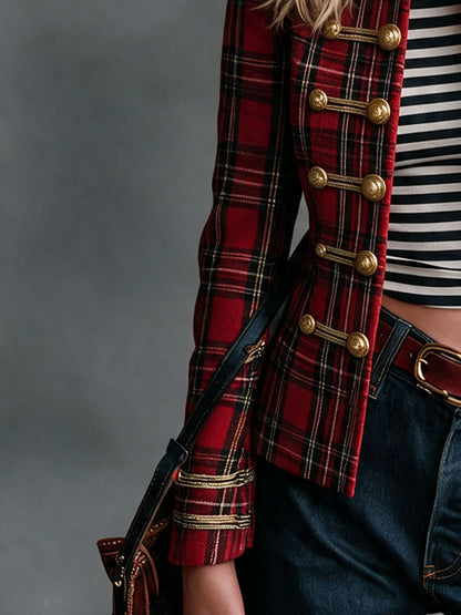 Retro Red Plaid Frog Button Faux Suede Jacket