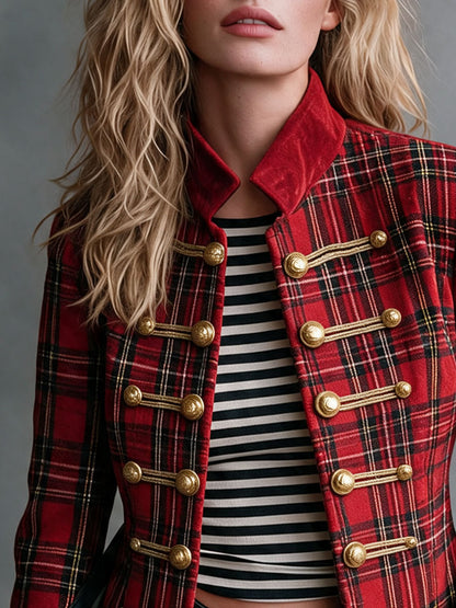 Retro Red Plaid Frog Button Faux Suede Jacket