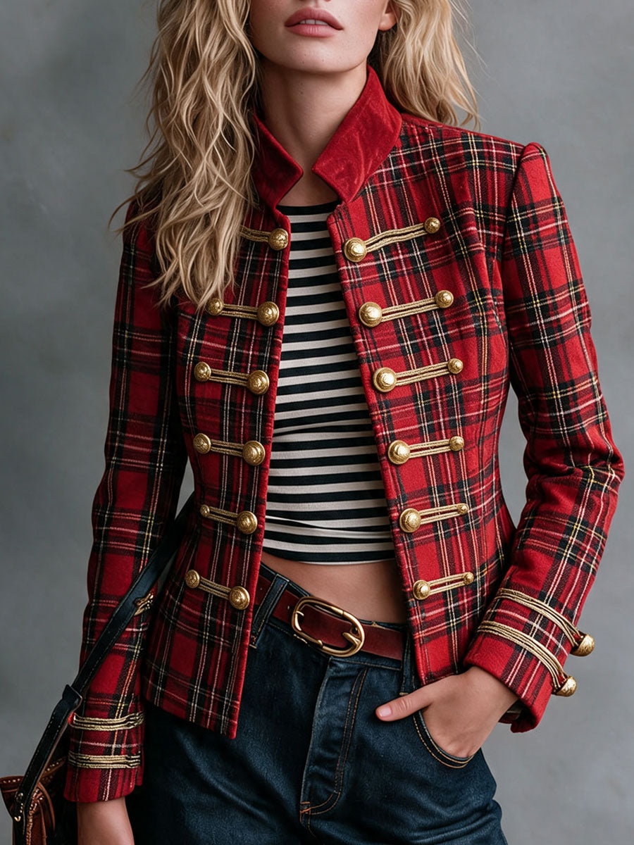 Retro Red Plaid Frog Button Faux Suede Jacket