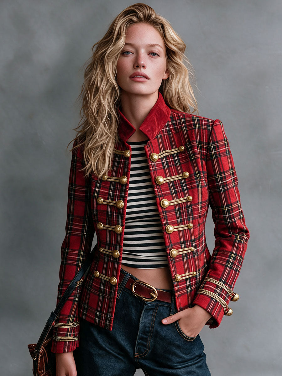 Retro Red Plaid Frog Button Faux Suede Jacket