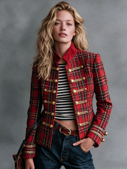 Retro Red Plaid Frog Button Faux Suede Jacket