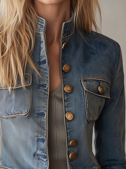 Tailored Military Denim Jacket With Brass Buttons And Flap Pockets