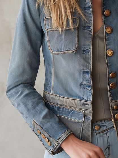 Tailored Military Denim Jacket With Brass Buttons And Flap Pockets