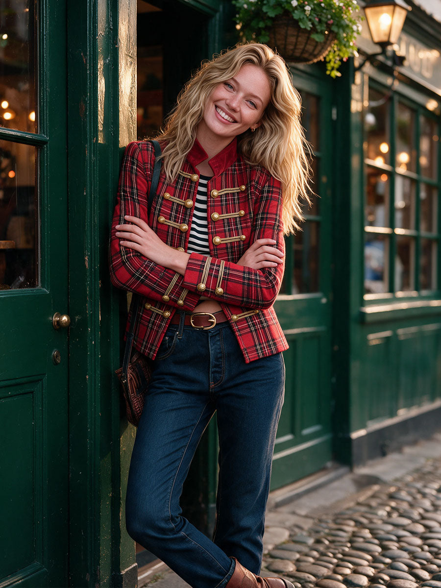 Retro Red Plaid Frog Button Faux Suede Jacket