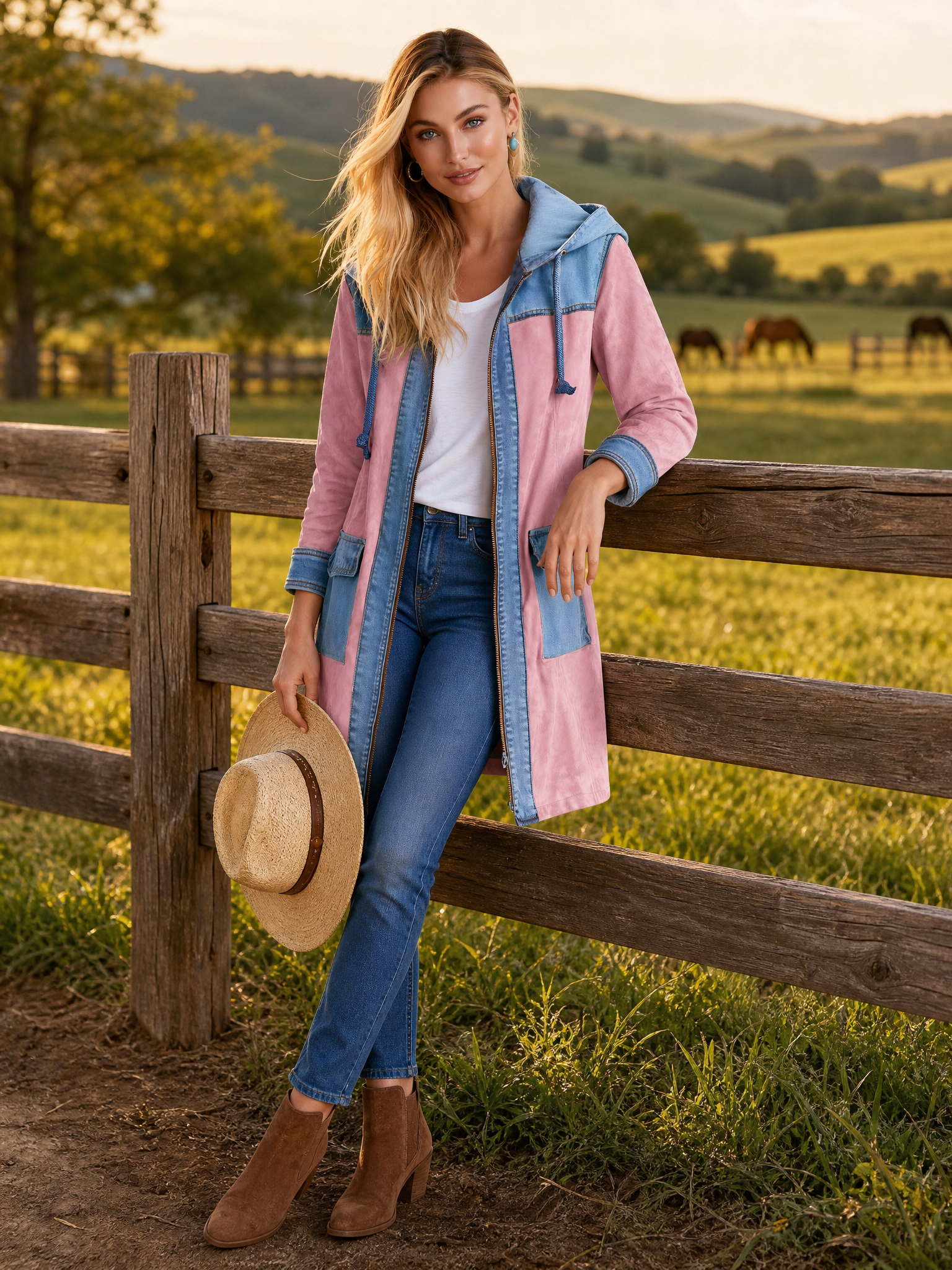 Romantic Western Pink Faux Suede Denim Patchwork Hooded Longline Jacket Women