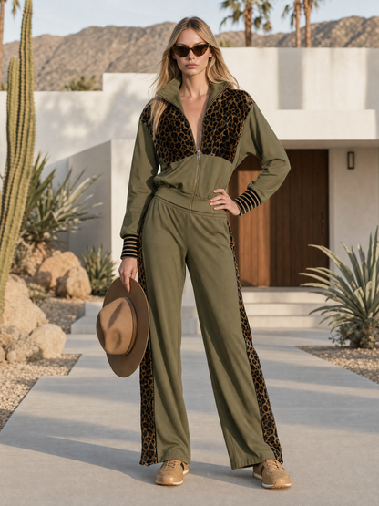 Retro-casual Elegant Leopard-print Velvet-paneled Cotton-blend Sweatshirt And Sweatpants Set