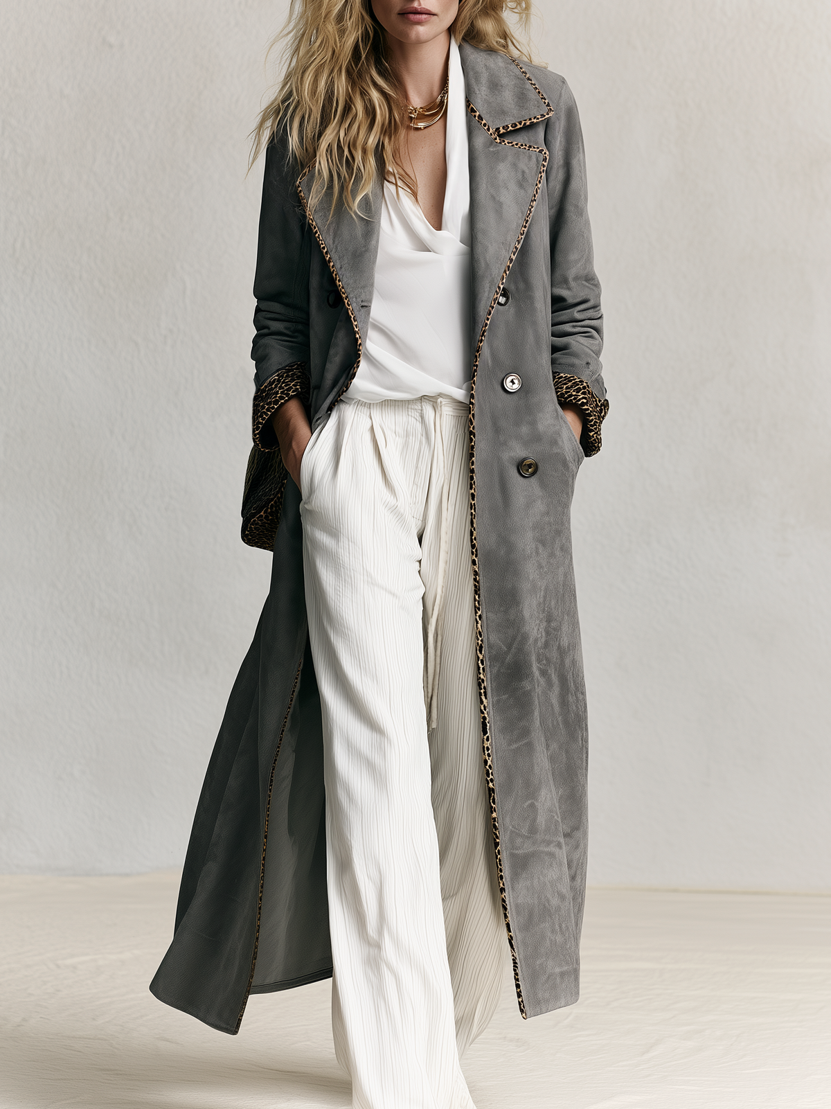 Retro-chic Faux-suede Coat With Leopard-print Trim