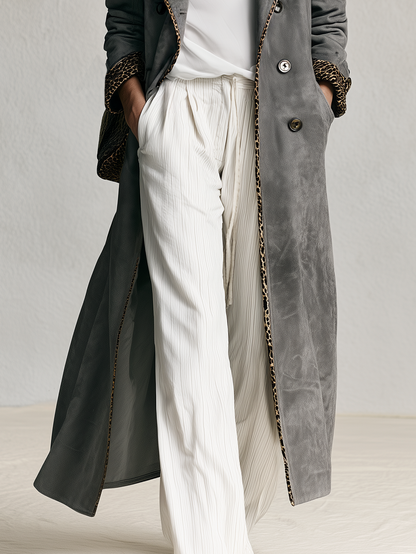 Retro-chic Faux-suede Coat With Leopard-print Trim