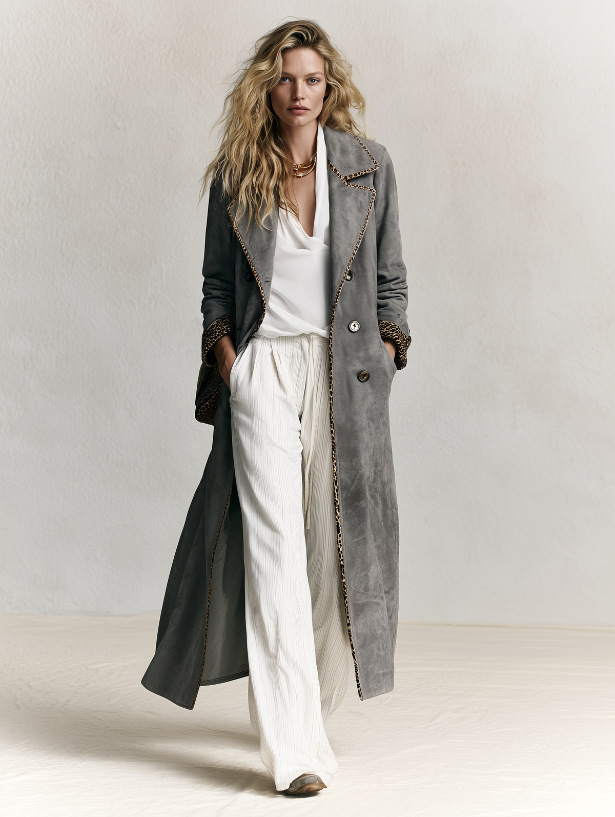 Retro-chic Faux-suede Coat With Leopard-print Trim