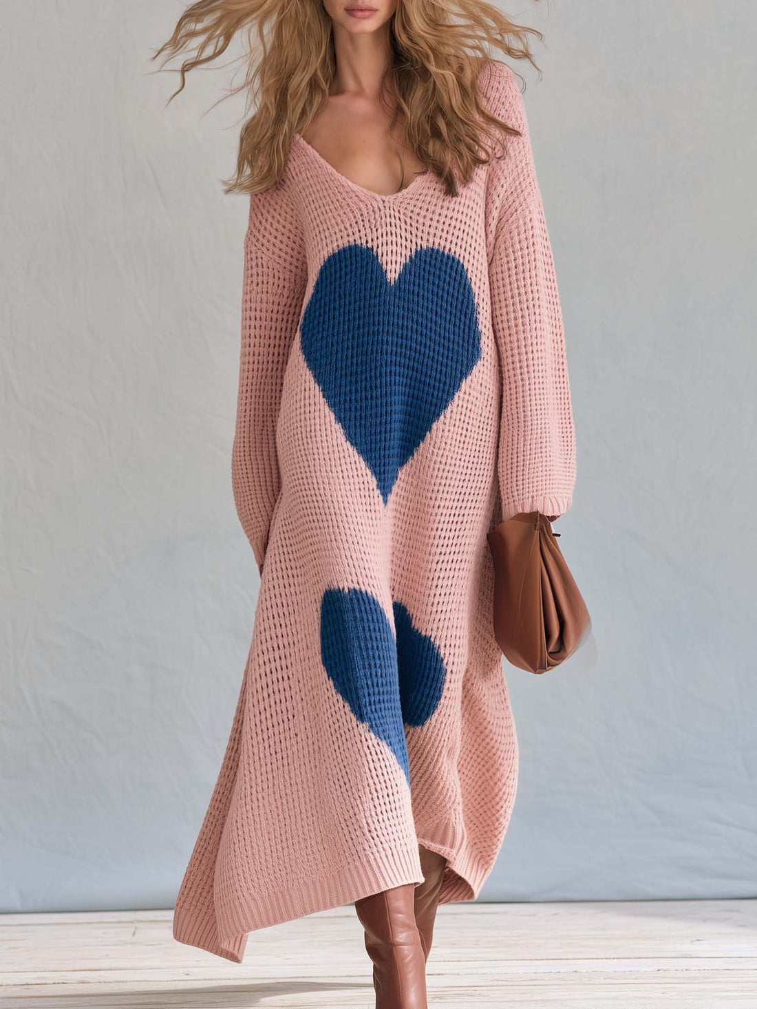 Romantic Lazy Fashion Pink Heart Knit Maxi Sweater Dress V Neck Long Sleeve
