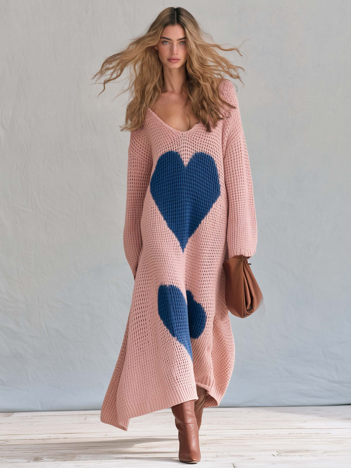 Romantic Lazy Fashion Pink Heart Knit Maxi Sweater Dress V Neck Long Sleeve