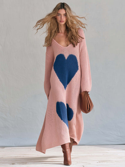 Romantic Lazy Fashion Pink Heart Knit Maxi Sweater Dress V Neck Long Sleeve