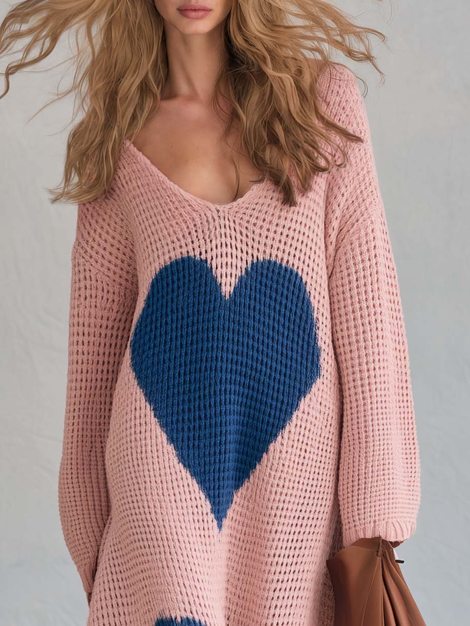 Romantic Lazy Fashion Pink Heart Knit Maxi Sweater Dress V Neck Long Sleeve