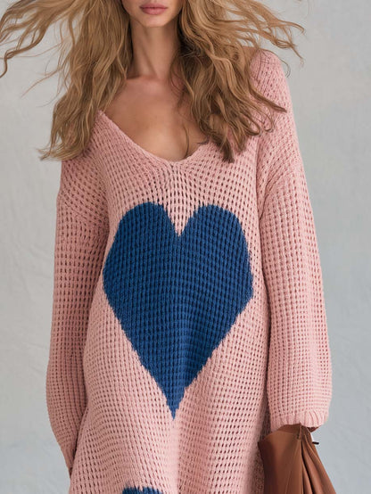 Romantic Lazy Fashion Pink Heart Knit Maxi Sweater Dress V Neck Long Sleeve