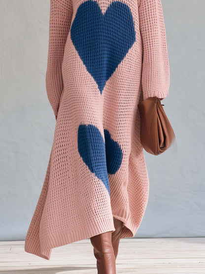 Romantic Lazy Fashion Pink Heart Knit Maxi Sweater Dress V Neck Long Sleeve