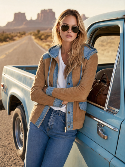 Urban Western Camel Suede Jean Jacket Women Mixed Media Drawstring Hood Coat