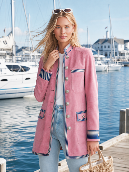 Vintage Military Pink Faux Suede Coat Women Striped Trim Silver Button Longline