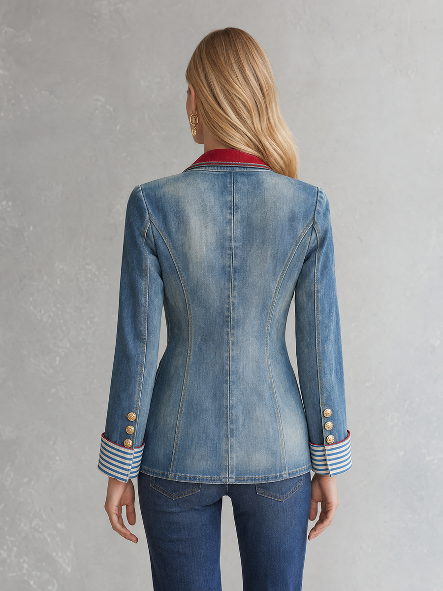 Women’s Double Breasted Denim Blazer With Red Lapel Trim