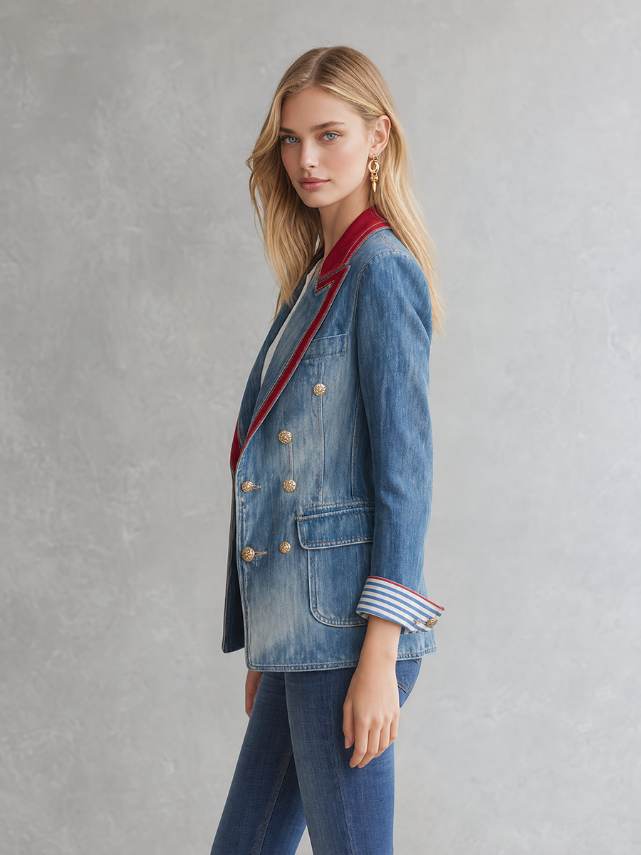 Women’s Double Breasted Denim Blazer With Red Lapel Trim