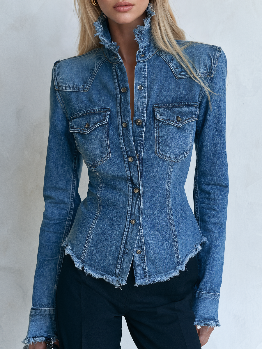 Women’s Fitted Denim Stand-up Collar Shirt With Frayed Hem