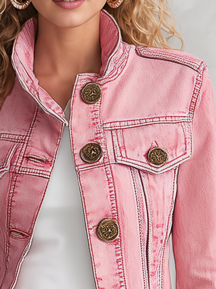 Pink Cropped Denim Jacket For Women
