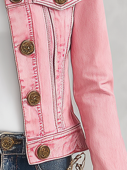 Pink Cropped Denim Jacket For Women