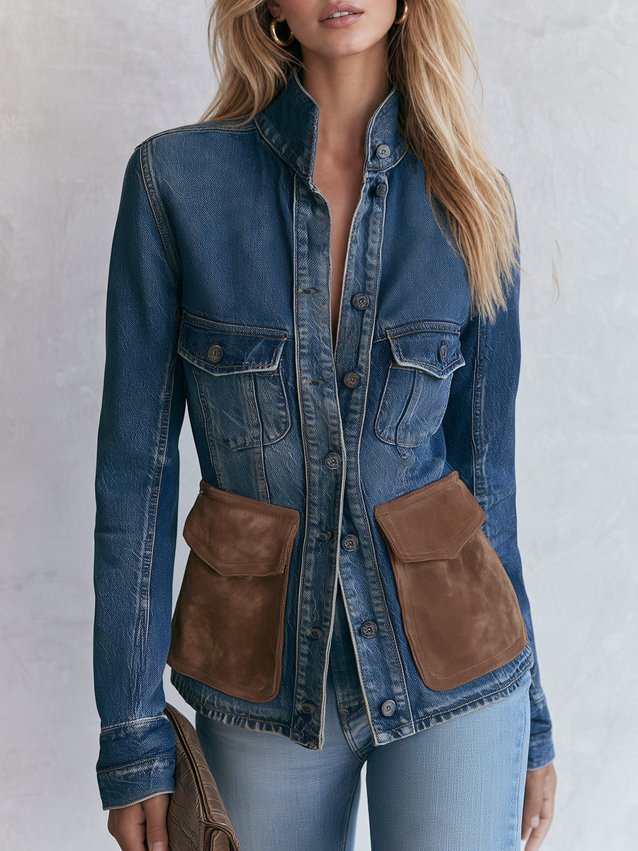 Fitted Denim Utility Jacket With Suede Pockets