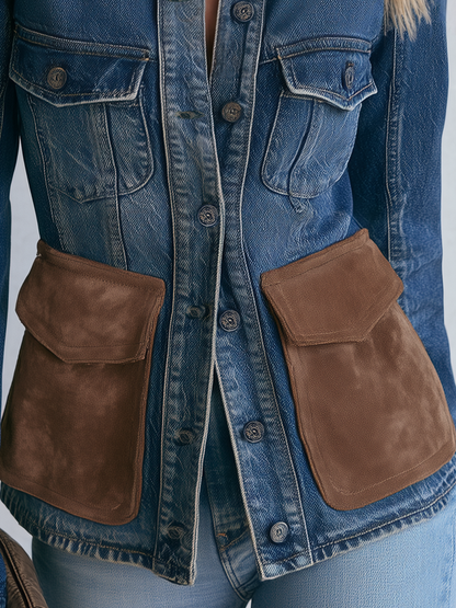 Fitted Denim Utility Jacket With Suede Pockets