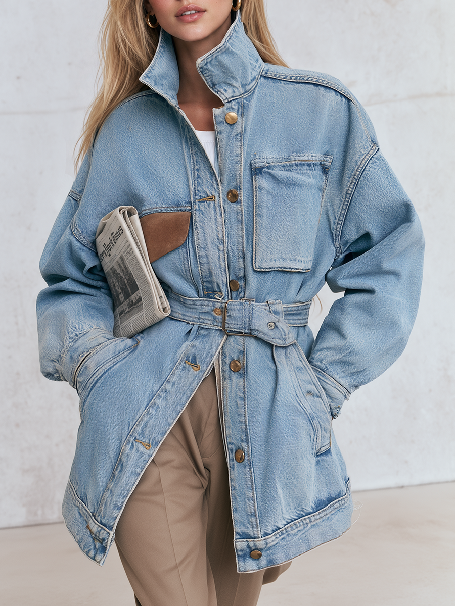 Belted Oversized Denim Utility Jacket For Women