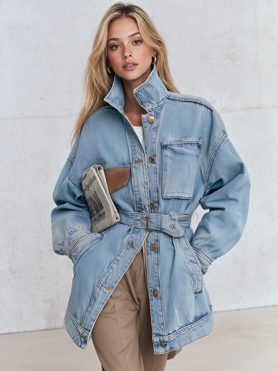 Belted Oversized Denim Utility Jacket For Women