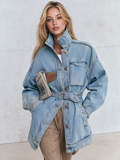 Belted Oversized Denim Utility Jacket For Women