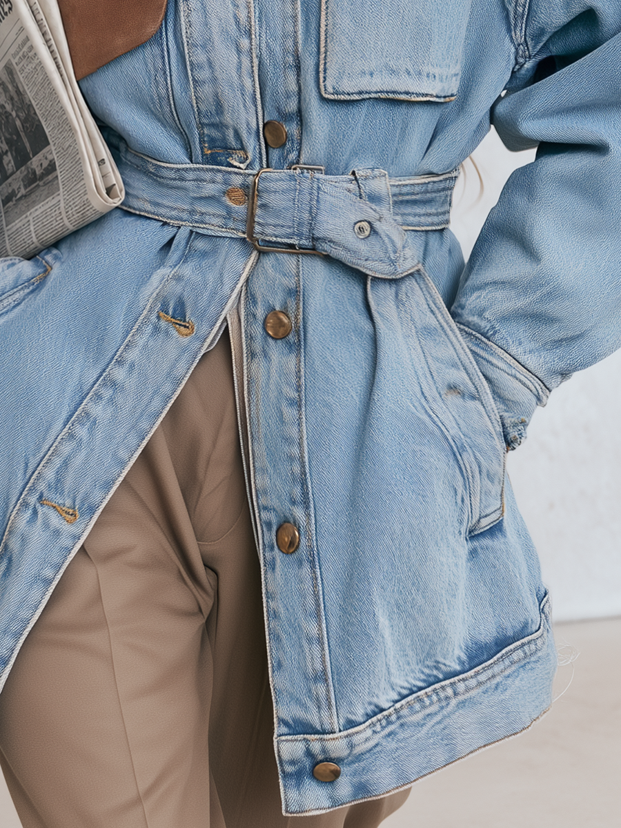 Belted Oversized Denim Utility Jacket For Women