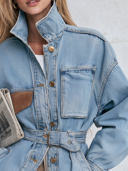 Belted Oversized Denim Utility Jacket For Women