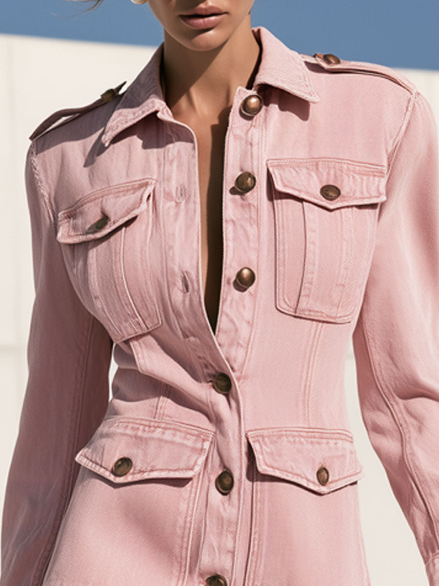 Fashionable Retro Military Style Pink Denim Tassel Long-sleeved Mini Dress