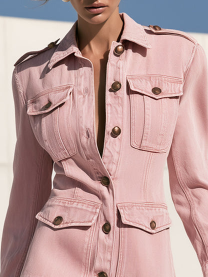 Fashionable Retro Military Style Pink Denim Tassel Long-sleeved Mini Dress